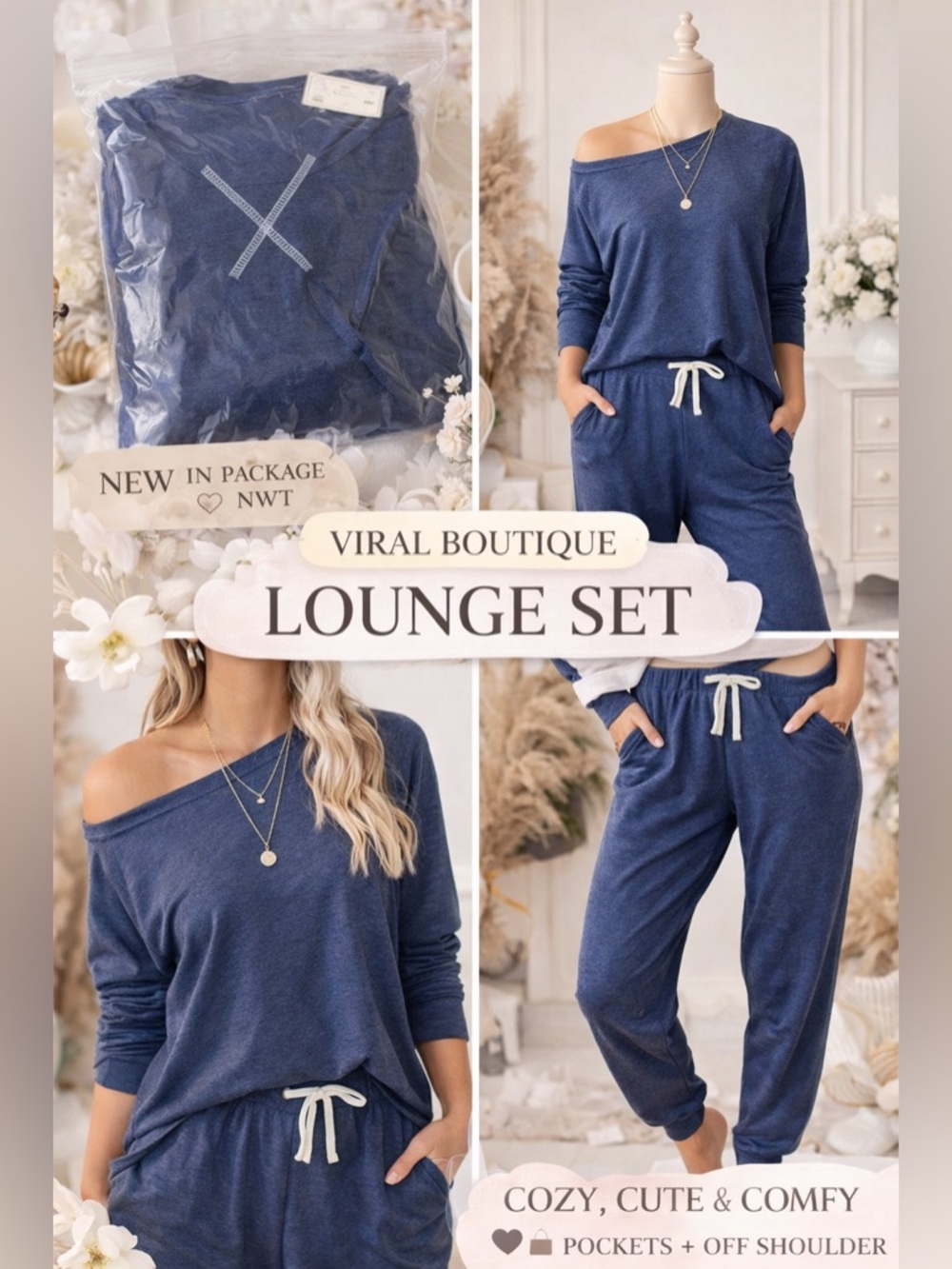 Leo Rosi Blue Lounge Set Small‎ NWT Off Shoulder Jogger Set Pockets